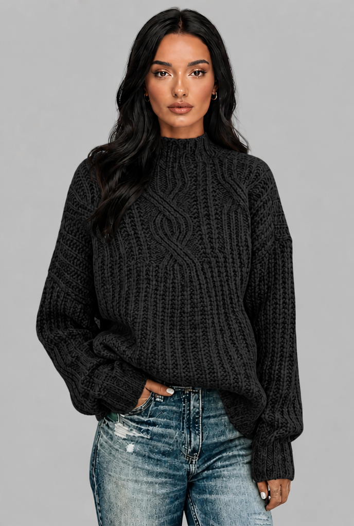 Maglione Donna Oversize a Trecce Collo Mock Maniche Palloncino