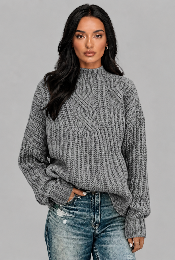 Maglione Donna Oversize a Trecce Collo Mock Maniche Palloncino