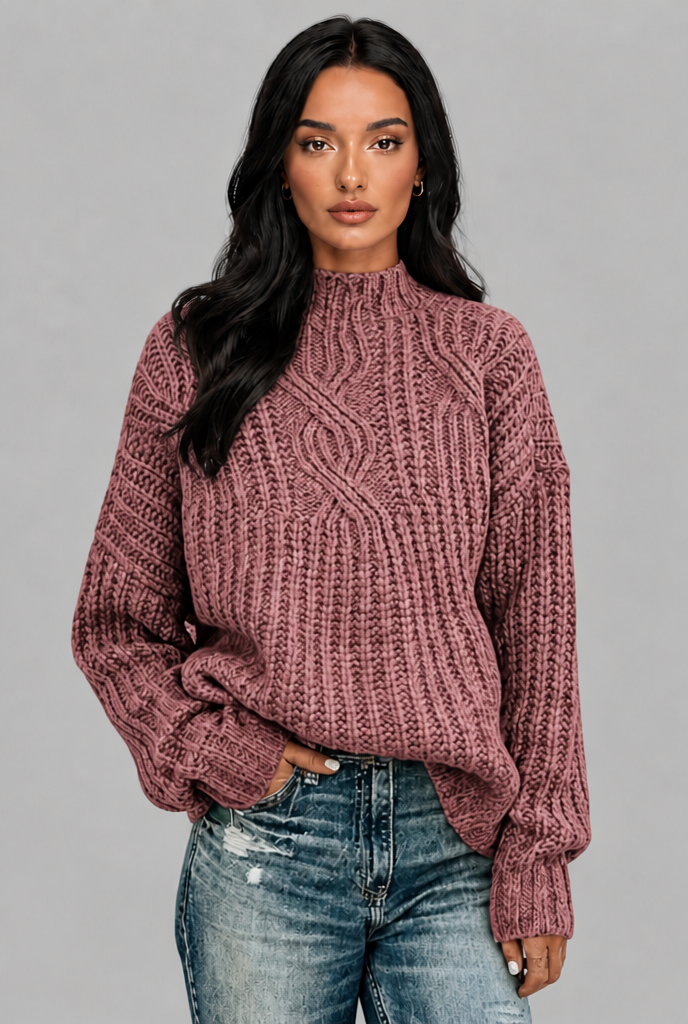 Maglione Donna Oversize a Trecce Collo Mock Maniche Palloncino