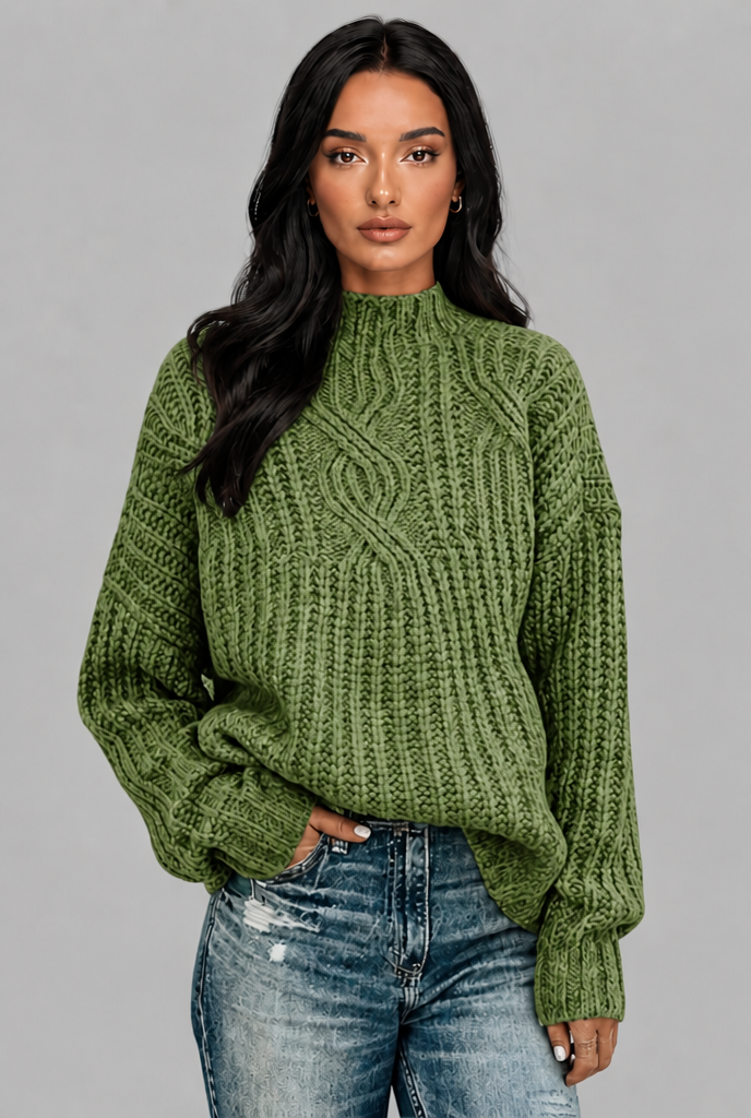Maglione Donna Oversize a Trecce Collo Mock Maniche Palloncino