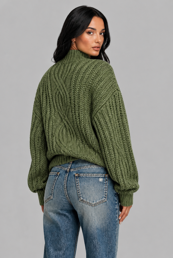 Maglione Donna Oversize a Trecce Collo Mock Maniche Palloncino
