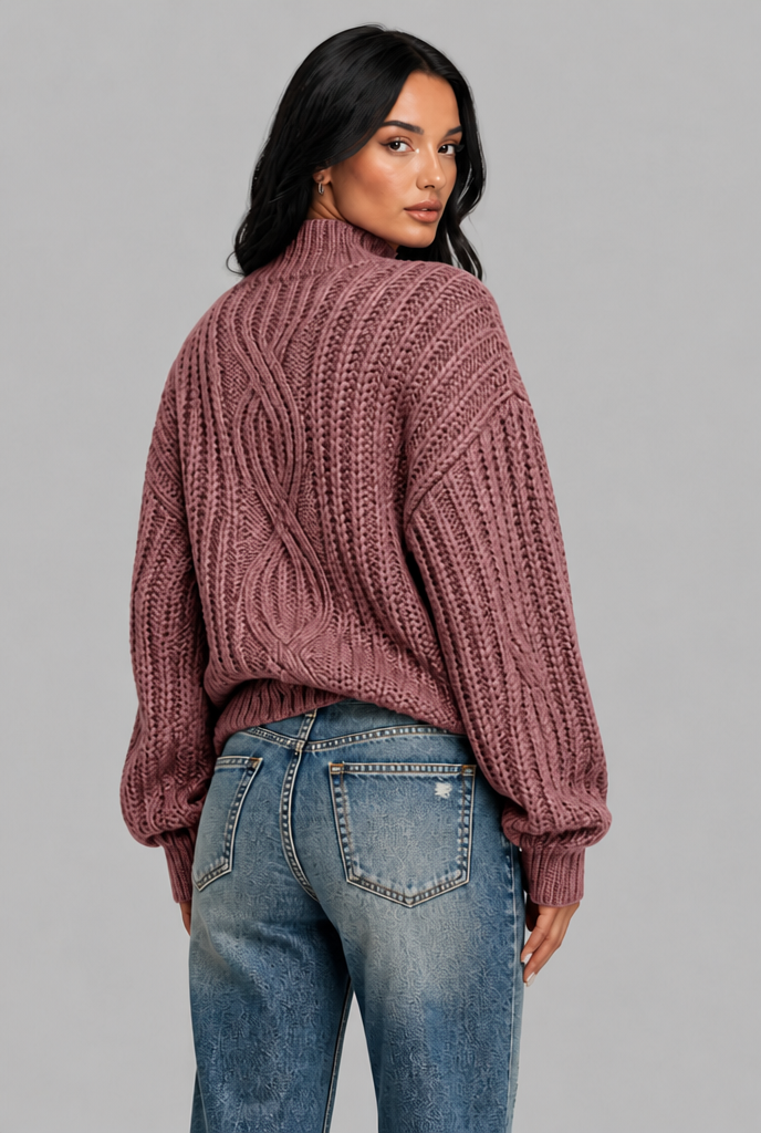 Maglione Donna Oversize a Trecce Collo Mock Maniche Palloncino