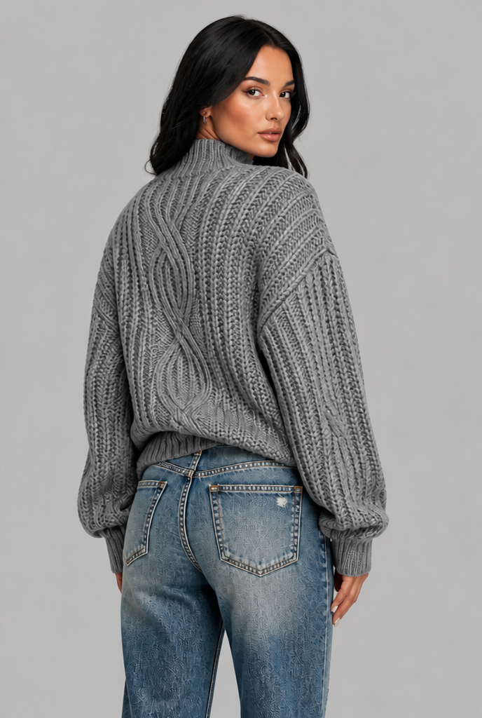 Maglione Donna Oversize a Trecce Collo Mock Maniche Palloncino