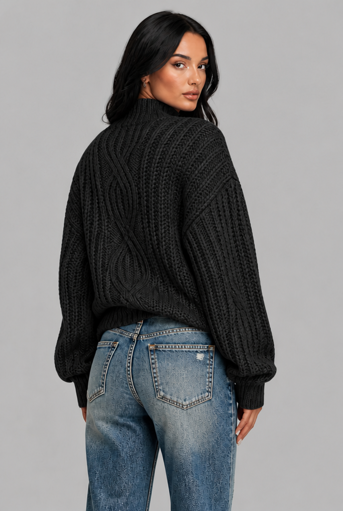 Maglione Donna Oversize a Trecce Collo Mock Maniche Palloncino