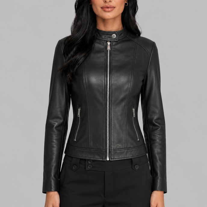 Giacca Biker Donna Corta in Vera Pelle Zip Asimmetrica