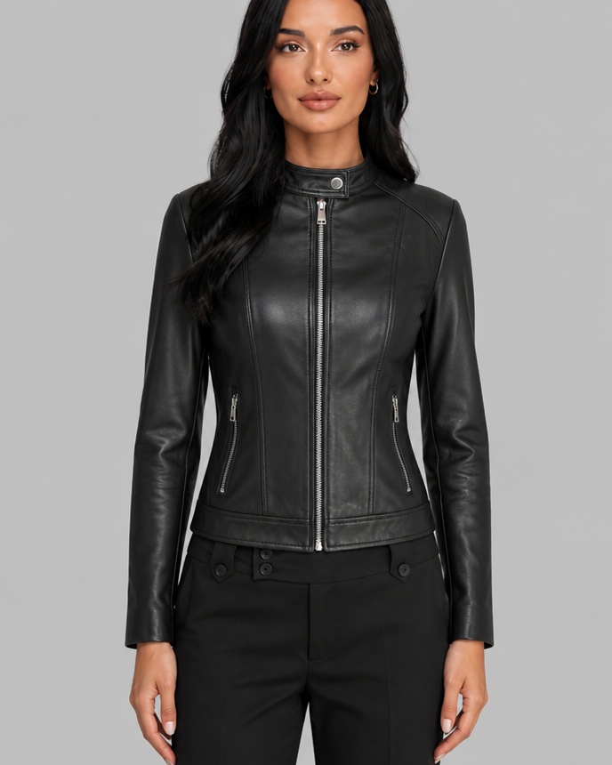 Giacca Biker Donna Corta in Vera Pelle Zip Asimmetrica