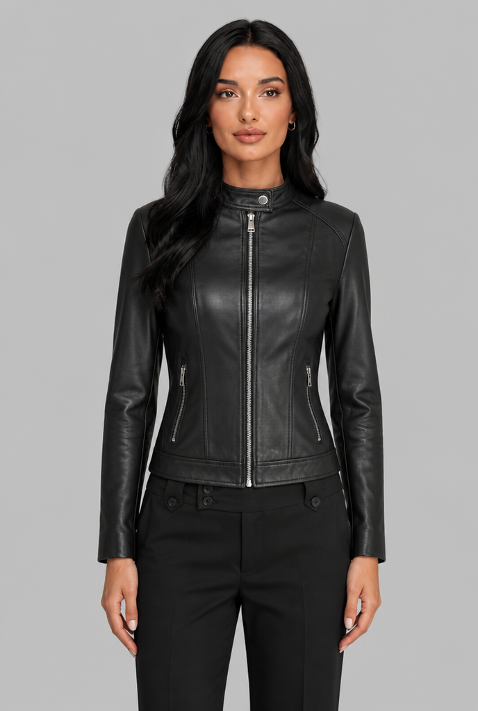 Giacca Biker Donna Corta in Vera Pelle Zip Asimmetrica