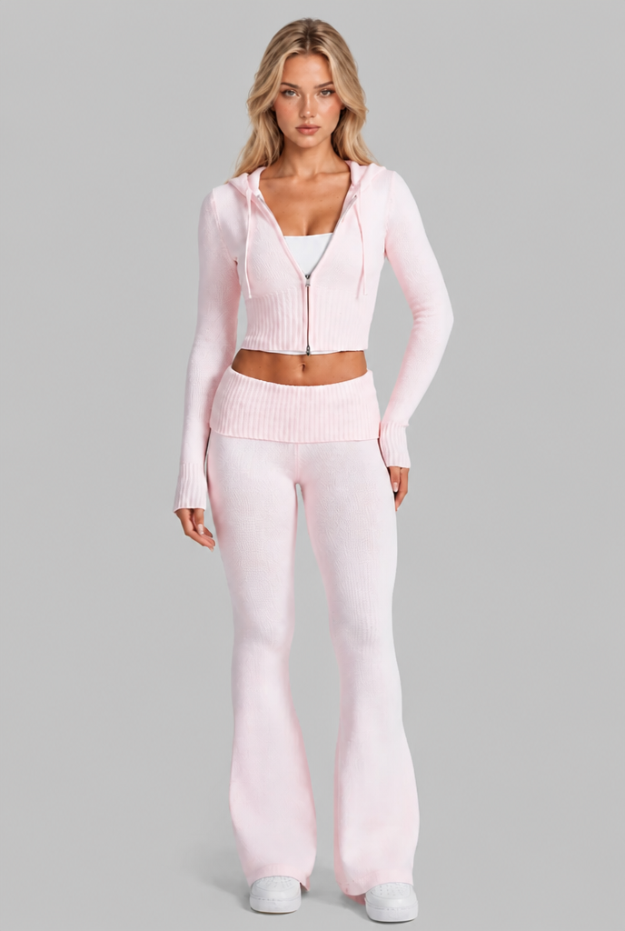 Completo Donna in Maglia a Coste Felpa Zip Corta e Pantaloni Zampa