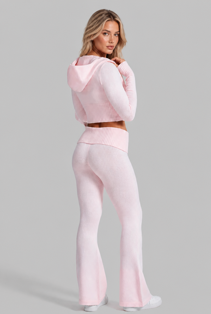 Completo Donna in Maglia a Coste Felpa Zip Corta e Pantaloni Zampa