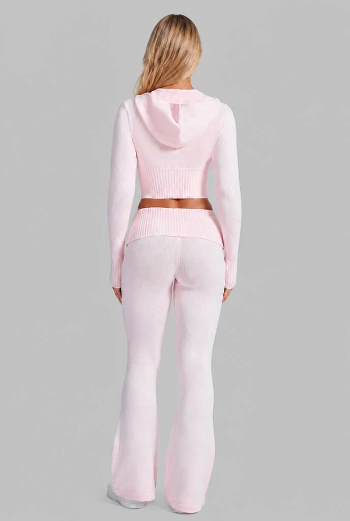 Completo Donna in Maglia a Coste Felpa Zip Corta e Pantaloni Zampa