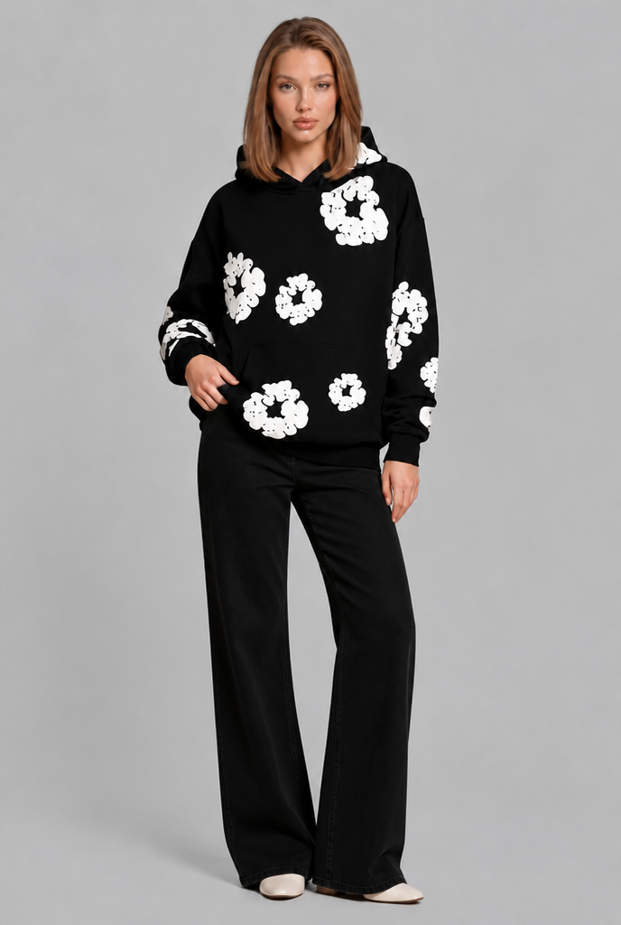 Felpa Donna Oversize con Cappuccio Stampa Floreale