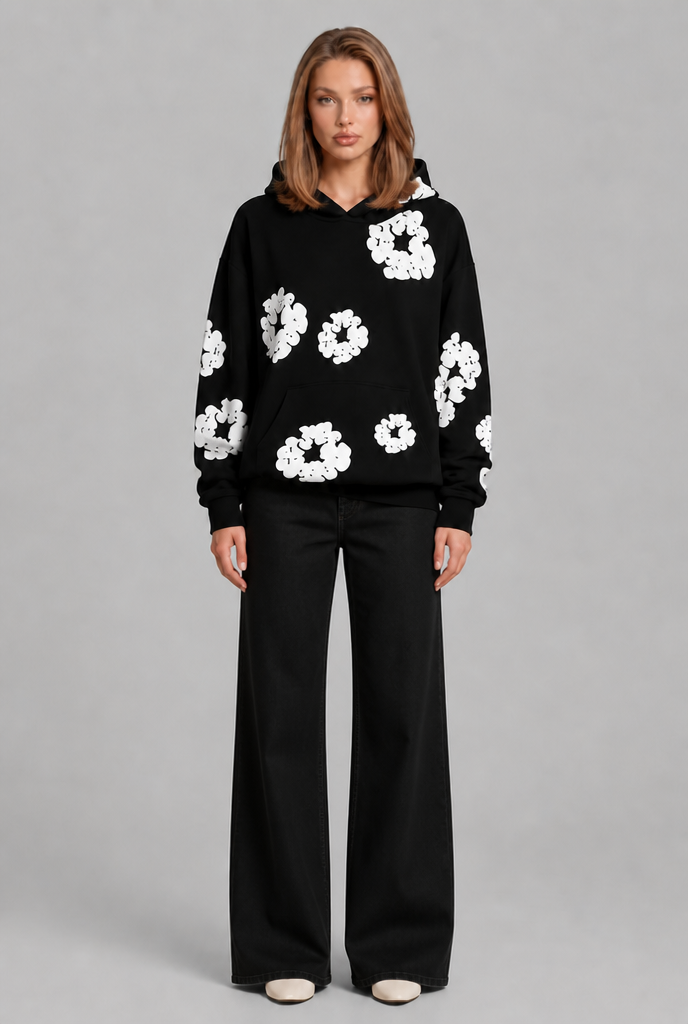 Felpa Donna Oversize con Cappuccio Stampa Floreale