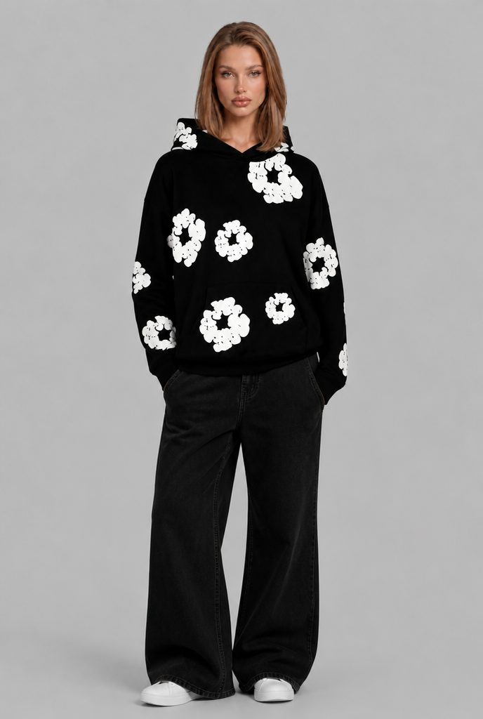 Felpa Donna Oversize con Cappuccio Stampa Floreale