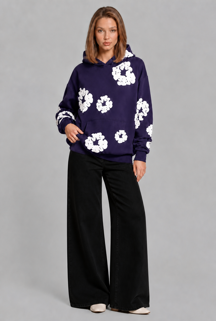 Felpa Donna Oversize con Cappuccio Stampa Floreale