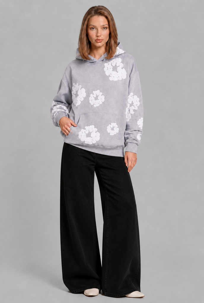 Felpa Donna Oversize con Cappuccio Stampa Floreale
