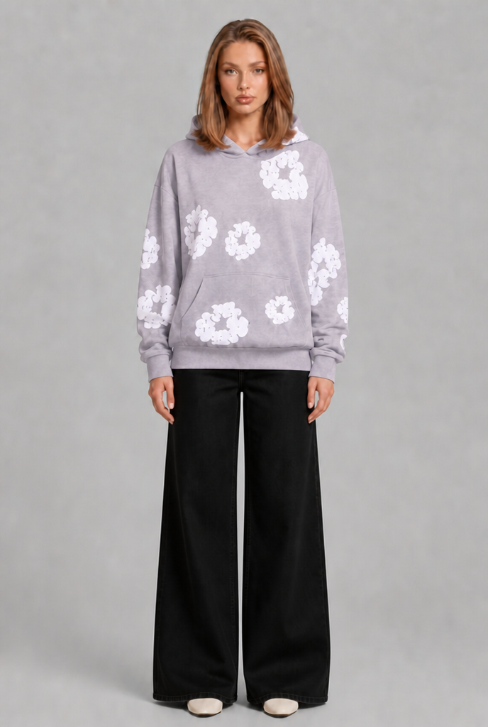 Felpa Donna Oversize con Cappuccio Stampa Floreale