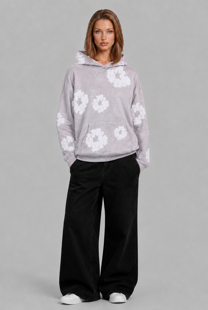 Felpa Donna Oversize con Cappuccio Stampa Floreale