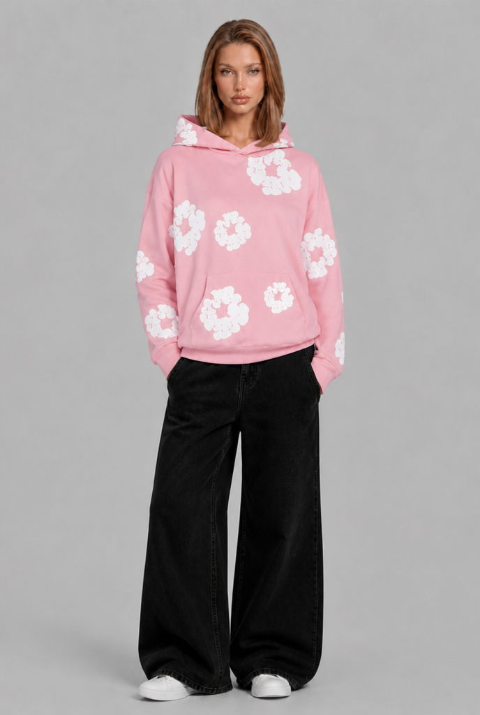 Felpa Donna Oversize con Cappuccio Stampa Floreale