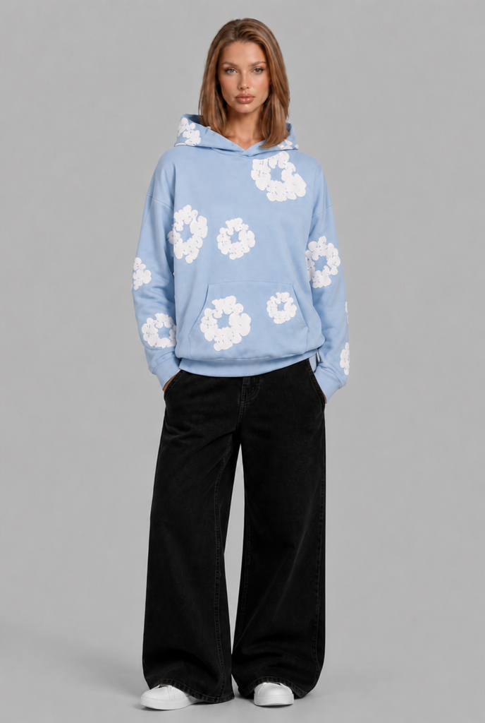 Felpa Donna Oversize con Cappuccio Stampa Floreale