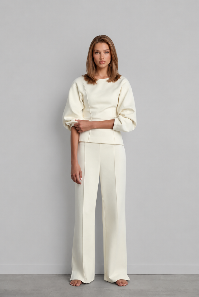Completo Donna Top Maniche a Sbuffo e Pantaloni Palazzo Coordinato