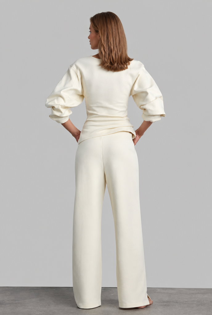 Completo Donna Top Maniche a Sbuffo e Pantaloni Palazzo Coordinato
