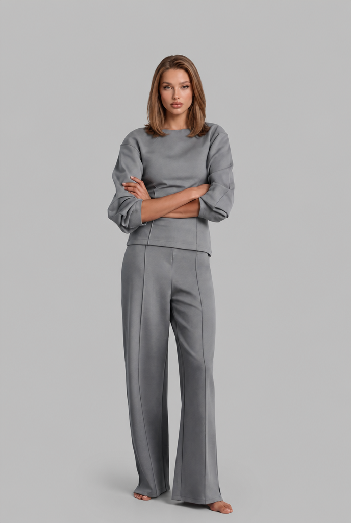 Completo Donna Top Maniche a Sbuffo e Pantaloni Palazzo Coordinato