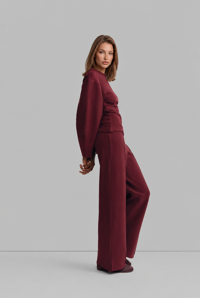 Completo Donna Top Maniche a Sbuffo e Pantaloni Palazzo Coordinato