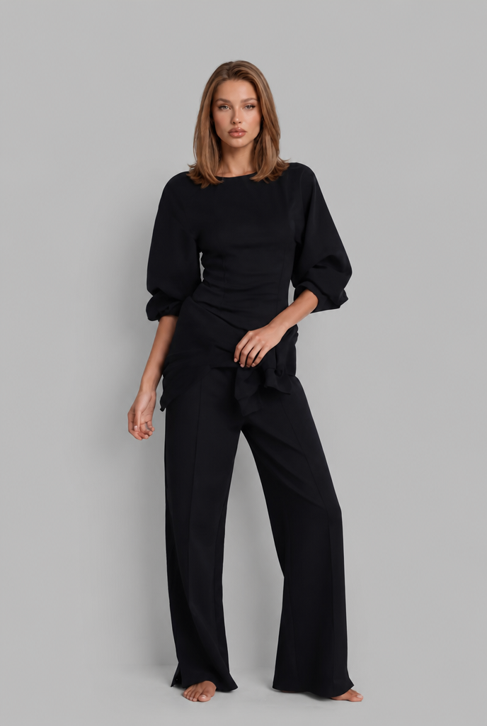 Completo Donna Top Maniche a Sbuffo e Pantaloni Palazzo Coordinato