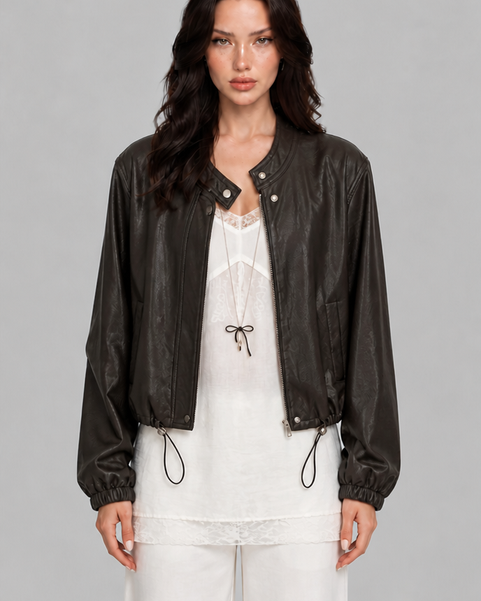 Giacca Bomber Donna Effetto Pelle Senza Collo Orlo con Coulisse