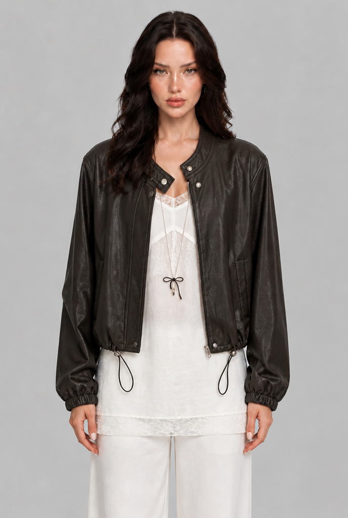 Giacca Bomber Donna Effetto Pelle Senza Collo Orlo con Coulisse