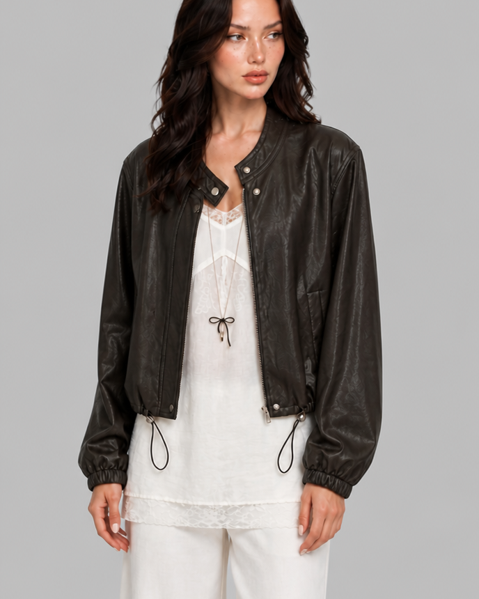 Giacca Bomber Donna Effetto Pelle Senza Collo Orlo con Coulisse