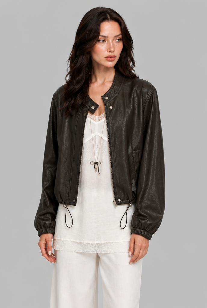Giacca Bomber Donna Effetto Pelle Senza Collo Orlo con Coulisse