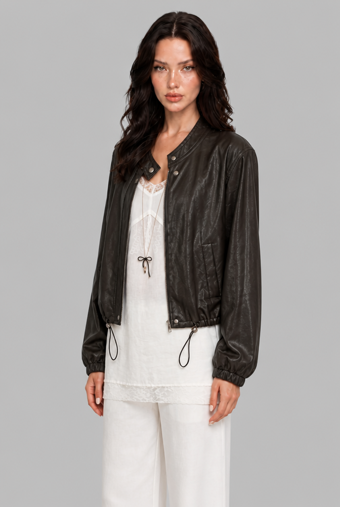 Giacca Bomber Donna Effetto Pelle Senza Collo Orlo con Coulisse