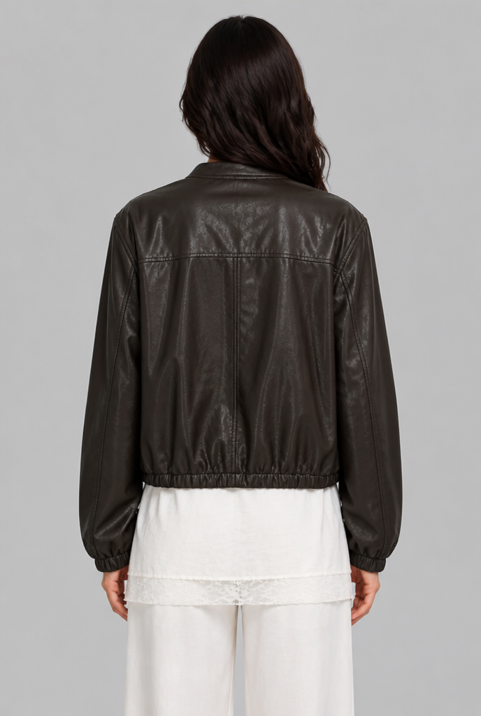 Giacca Bomber Donna Effetto Pelle Senza Collo Orlo con Coulisse