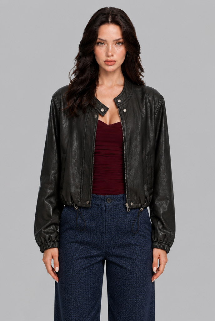 Giacca Bomber Donna Effetto Pelle Senza Collo Orlo con Coulisse