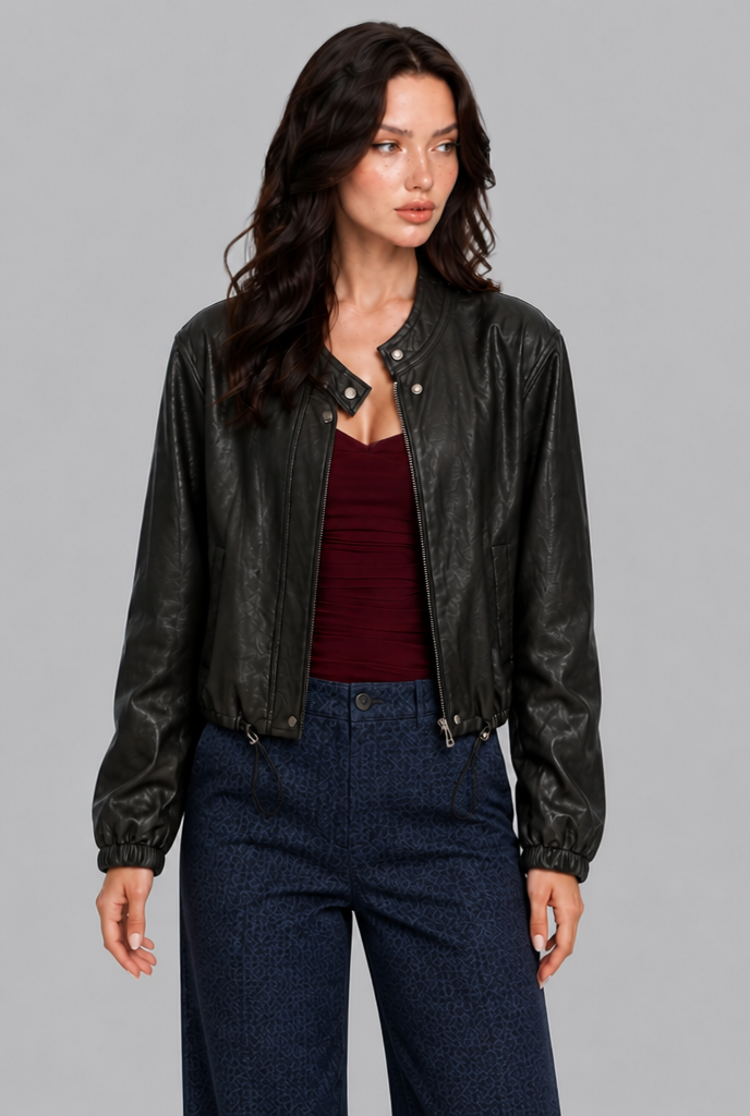 Giacca Bomber Donna Effetto Pelle Senza Collo Orlo con Coulisse