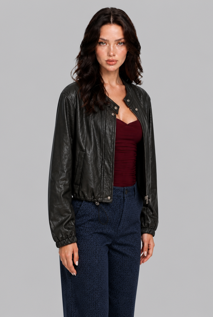 Giacca Bomber Donna Effetto Pelle Senza Collo Orlo con Coulisse