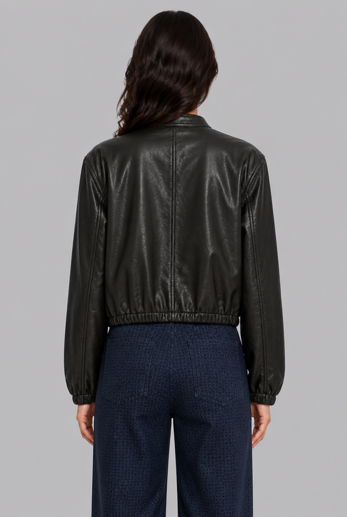 Giacca Bomber Donna Effetto Pelle Senza Collo Orlo con Coulisse