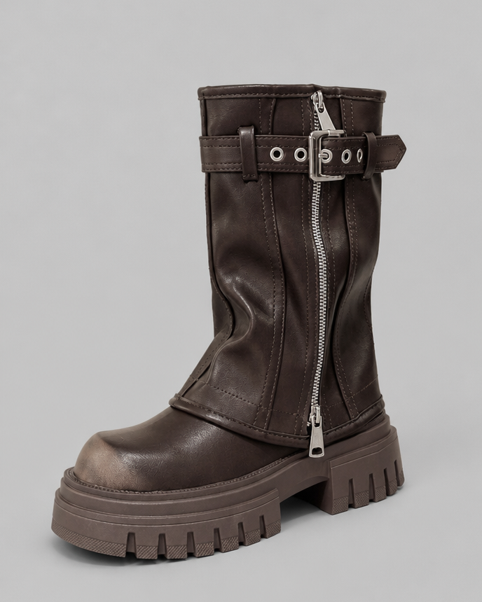 Stivaletti Donna Platform Carrarmato Effetto Pelle Slouchy Fibbia