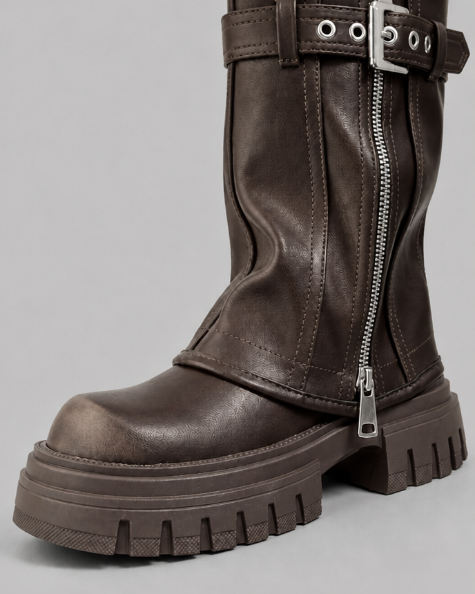 Stivaletti Donna Platform Carrarmato Effetto Pelle Slouchy Fibbia