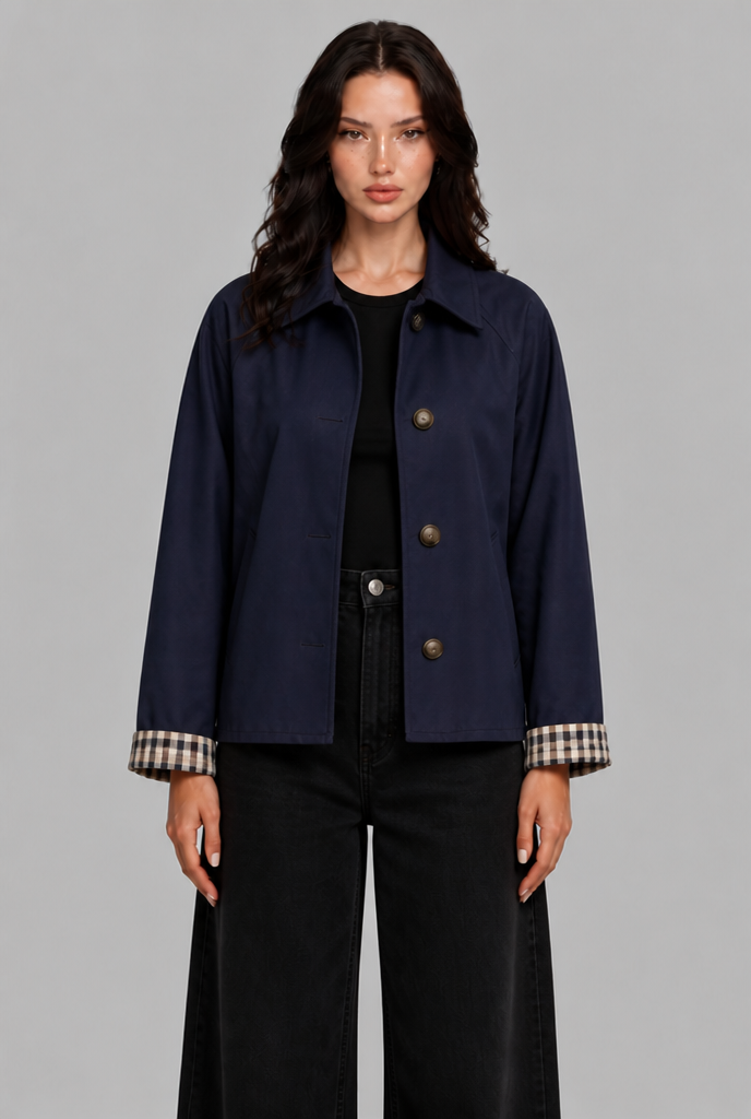 Giacca Trench Donna Corta Oversize Polsini in Vichy