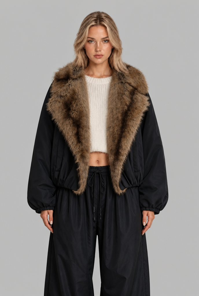 Giacca Donna in Pile Corta Oversize Collo in Pelliccia Sintetica