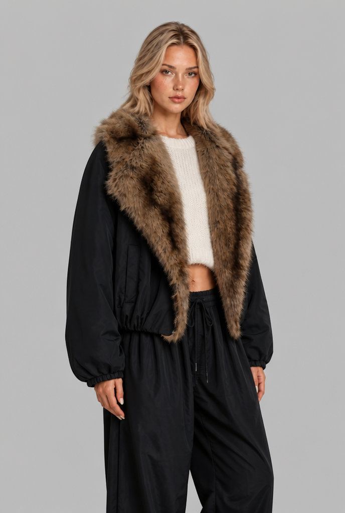 Giacca Donna in Pile Corta Oversize Collo in Pelliccia Sintetica