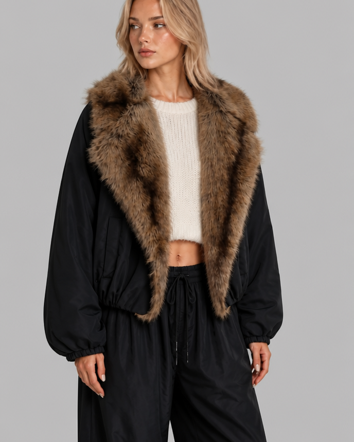 Giacca Donna in Pile Corta Oversize Collo in Pelliccia Sintetica