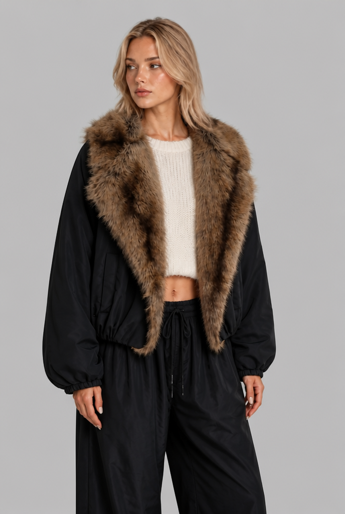 Giacca Donna in Pile Corta Oversize Collo in Pelliccia Sintetica