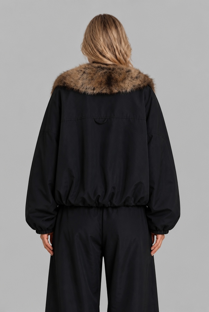 Giacca Donna in Pile Corta Oversize Collo in Pelliccia Sintetica
