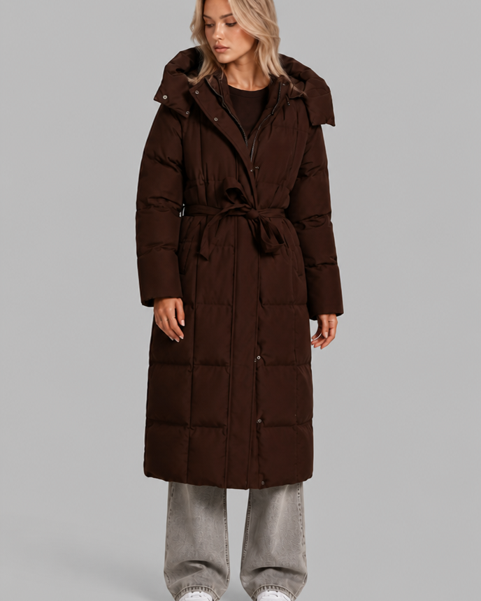 Cappotto Donna Imbottito Lunghezza Terra con Cappuccio e Cintura