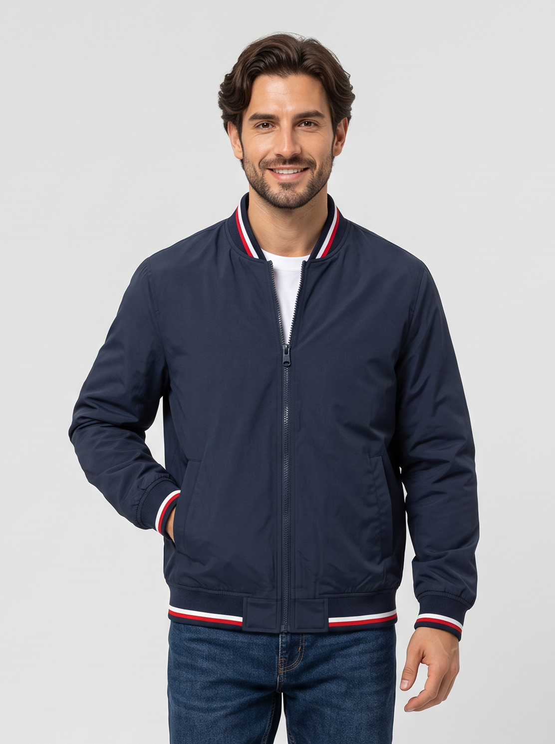Giacca Bomber Uomo Leggera con Zip Bordi a Coste a Righe