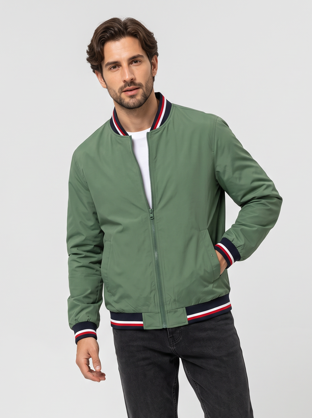 Giacca Bomber Uomo Leggera con Zip Bordi a Coste a Righe