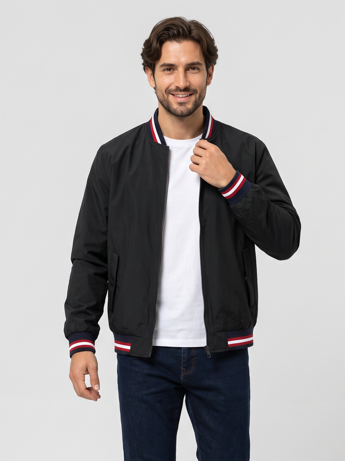 Giacca Bomber Uomo Leggera con Zip Bordi a Coste a Righe
